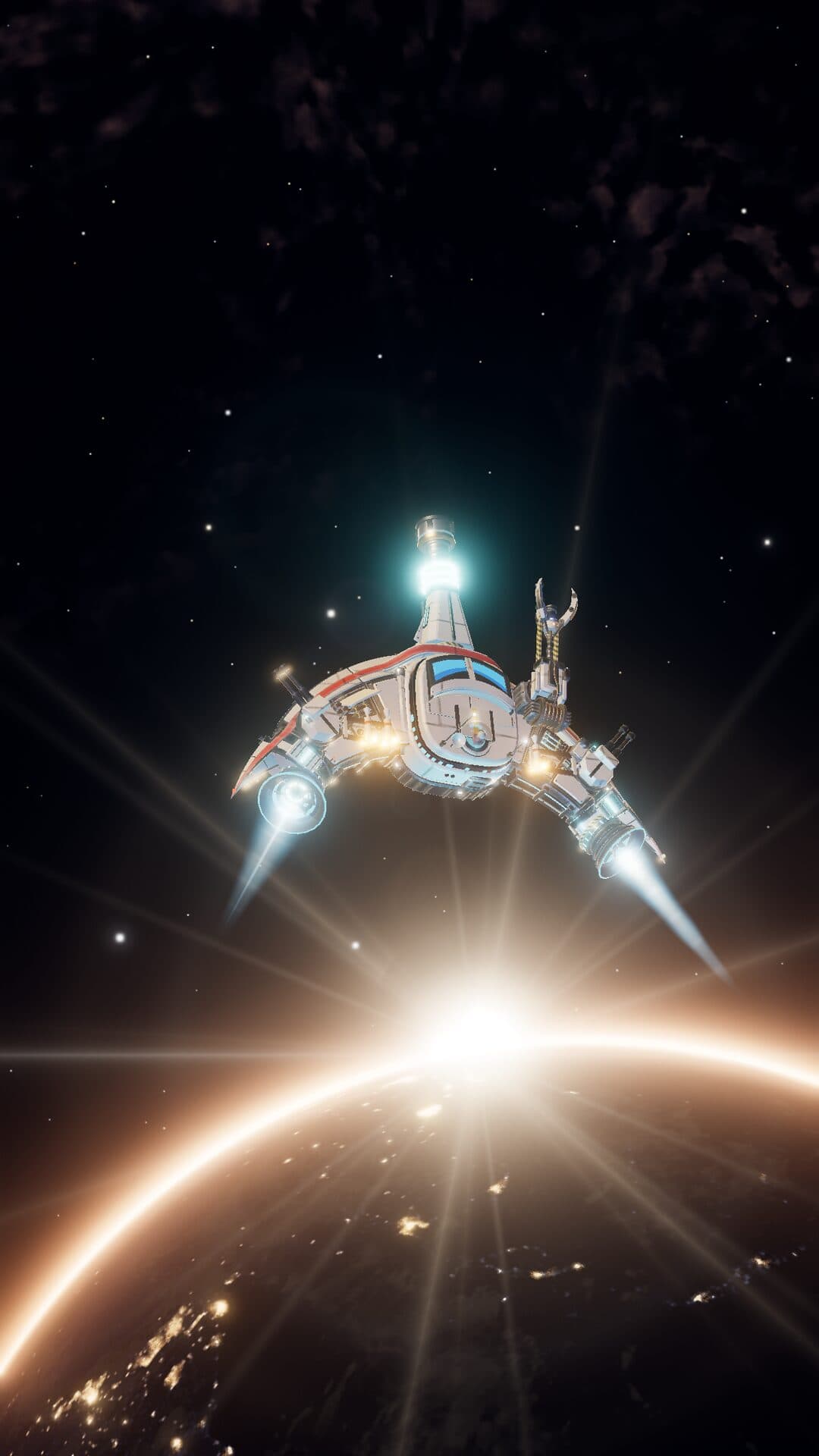 The CRESCENT fighter holds orbit above Earth's sunrise limb.